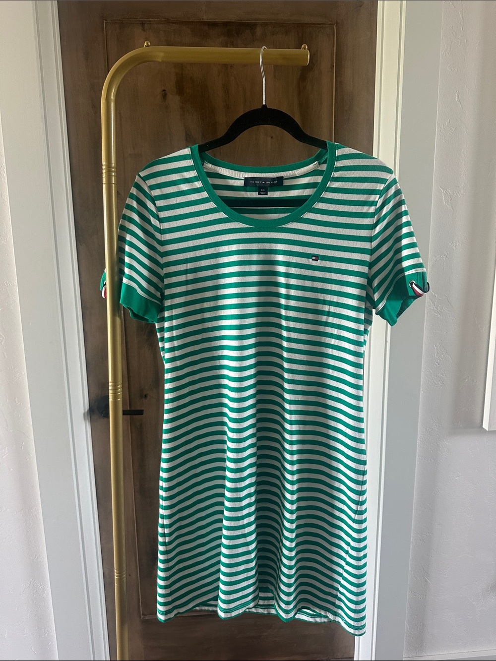 Tommy Hilfiger Green and White Striped T-Shirt Dress